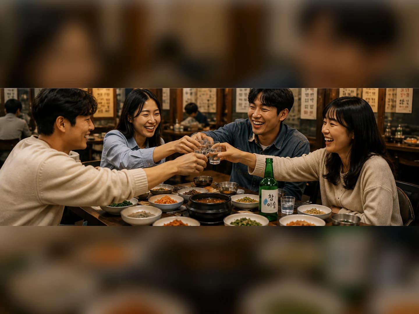 AI-generated editorial image of four people sharing a toast at a Korean dining table, illustrating Korean drinking culture and etiquette.