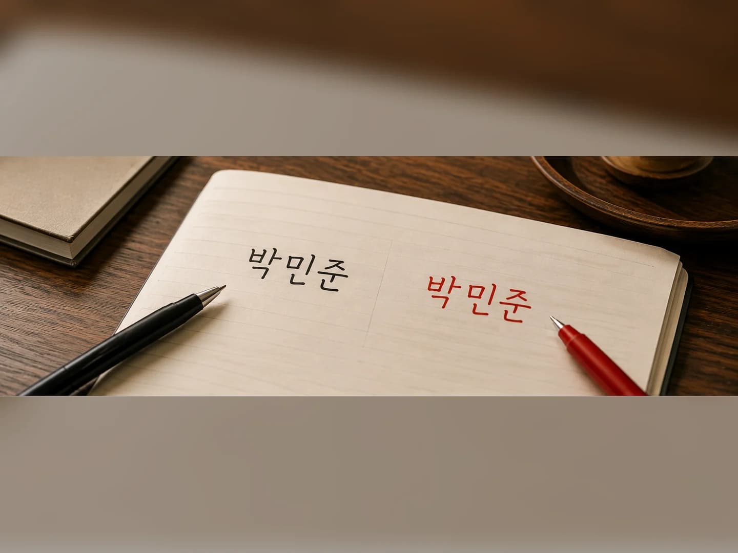AI-generated editorial image showing the Korean name Park Min-jun written in black and red ink on a notebook, illustrating Korea’s red-name taboo.