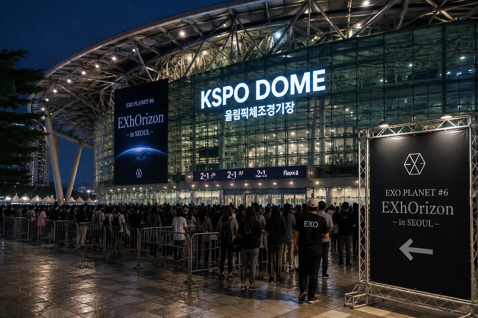 AI-generated editorial illustration of fans outside KSPO DOME for an EXO concert ticketing guide