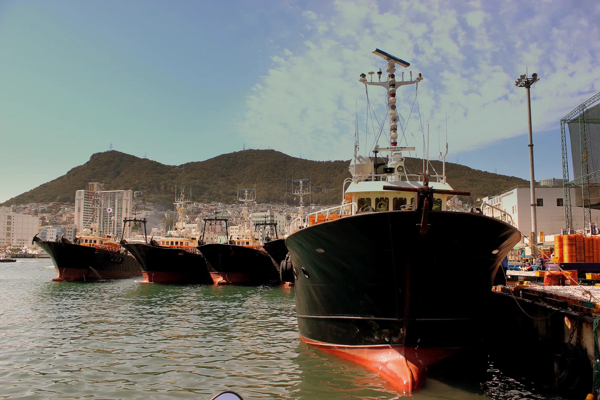 A fleet of fishing vessels moored at Busan Port in South Korea