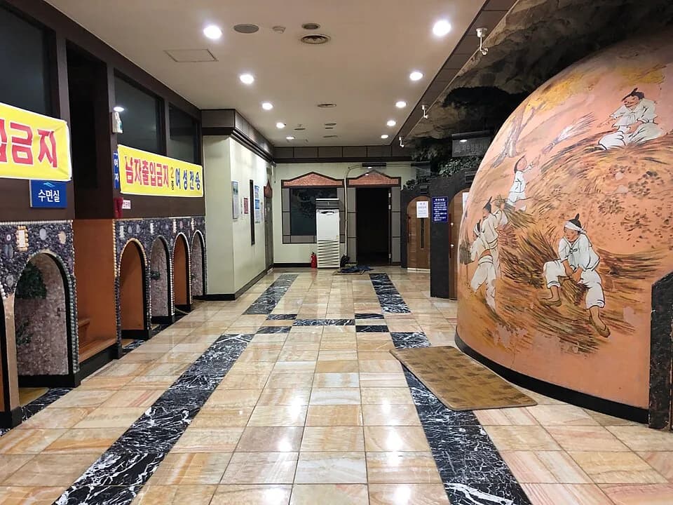 The entrance of a heated kiln room inside a Korean jjimjilbang
