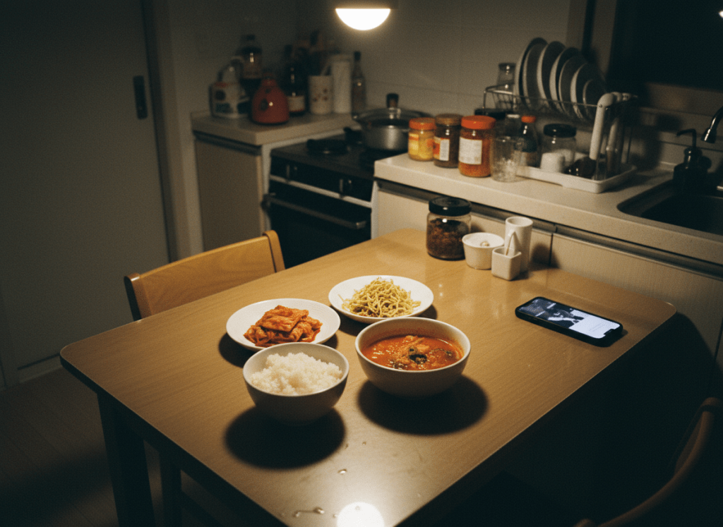 A candid documentary-style photograph taken in a small, lived-in Korean apartment kitchen or dining area late in the evening. A modest dining table with signs of everyday use holds a bowl of plain white steamed rice and a few simple everyday Korean side dishes (banchan) — perhaps kimchi, a small bowl of soup, and one or two small plates — arranged naturally, not styled. Warm, dim ambient indoor lighting from a ceiling lamp, creating a soft yellow glow. On the edge of the table or nearby, a smartphone lies face-up with the screen subtly lit but no text or characters visible. The atmosphere quietly evokes someone eating alone but connected — the phone nearby suggesting a "have you eaten?" moment — without being explicit. Shot from a slightly elevated angle, candid and unstaged. Realistic grain and natural shadows. No branding, no logos, no text visible anywhere. No traditional Korean decor, no high-end food styling, no advertising aesthetics. Just ordinary Korean daily life, documentary realism.