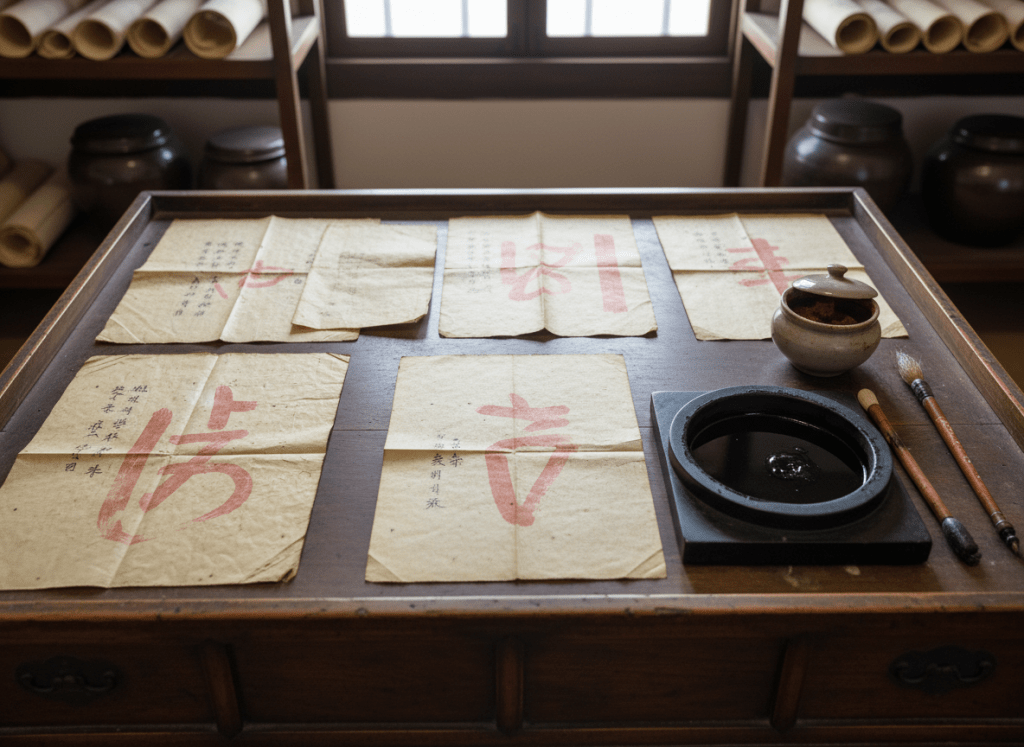 A historical documentary-style photograph resembling a museum exhibit, showing aged Korean hanji (traditional paper) documents on a wooden desk from the Joseon dynasty period. A calligraphy brush, ink stone with black ink, and a small container of red pigment are arranged naturally on the desk. Some documents show partial red brush strokes suggesting official administrative markings. The scene evokes a Joseon-era government office record room. No modern objects, no legible historical text, no real person names, no specific document reproduction. Subdued, natural lighting as if photographed in a museum setting. No titles, logos, or watermarks.