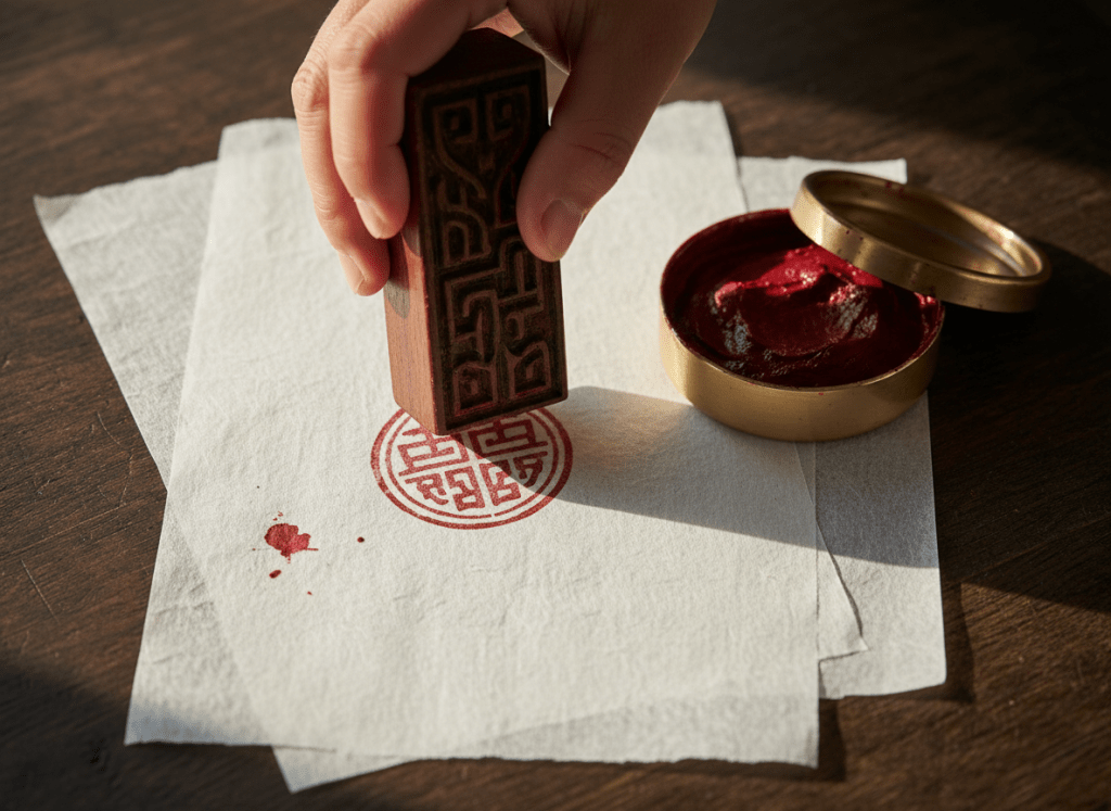 A close-up documentary-style photograph of a traditional Korean personal seal (도장) being pressed onto white hanji paper, leaving a vivid red stamp impression. A wooden or stone Korean seal, a red ink paste box (인주함), and hanji paper are naturally arranged on a surface. A hand partially visible pressing the seal. Realistic texture of paper and red ink paste. Warm, natural lighting. No legible personal names or readable information on the seal impression. No titles, logos, or watermarks. Photorealistic, tactile, and authentic in feel.