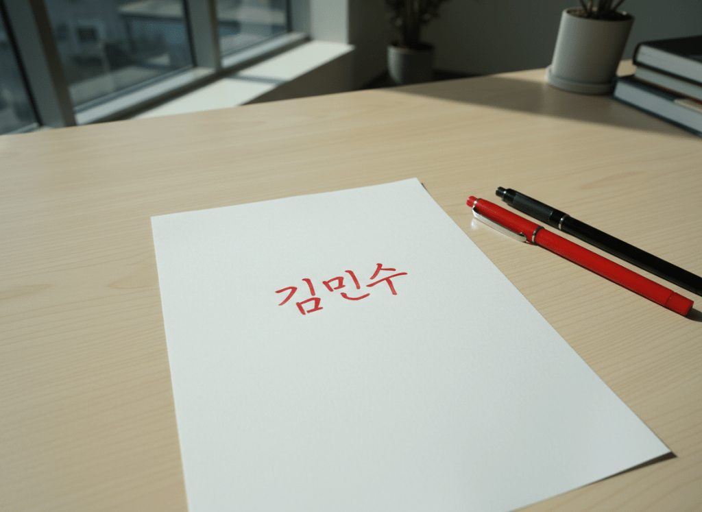 A realistic documentary-style photograph of a clean white sheet of paper on a modern Korean desk. In the center of the paper, the name "김민수" (three Korean hangul characters) is written clearly and legibly in red ballpoint pen handwriting. Next to the paper, a red ballpoint pen and a black ballpoint pen are casually placed. The scene conveys the Korean cultural taboo of writing a living person's name in red ink — presented as an ordinary everyday moment, not horror or supernatural. Natural daylight, realistic paper and pen texture, clean composition. No people visible. Only the three characters "김민수" appear on the paper — no other text, sentences, or writing. No titles, captions, logos, or watermarks anywhere in the image.